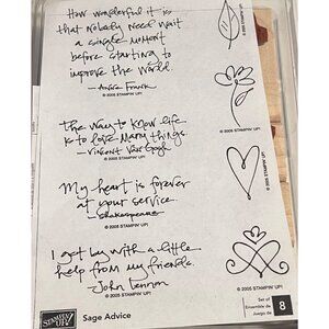 Stampin Up! Sage Advice 8 Pc Rubber Stamps Set Wooden Blocks 2005 Quotes